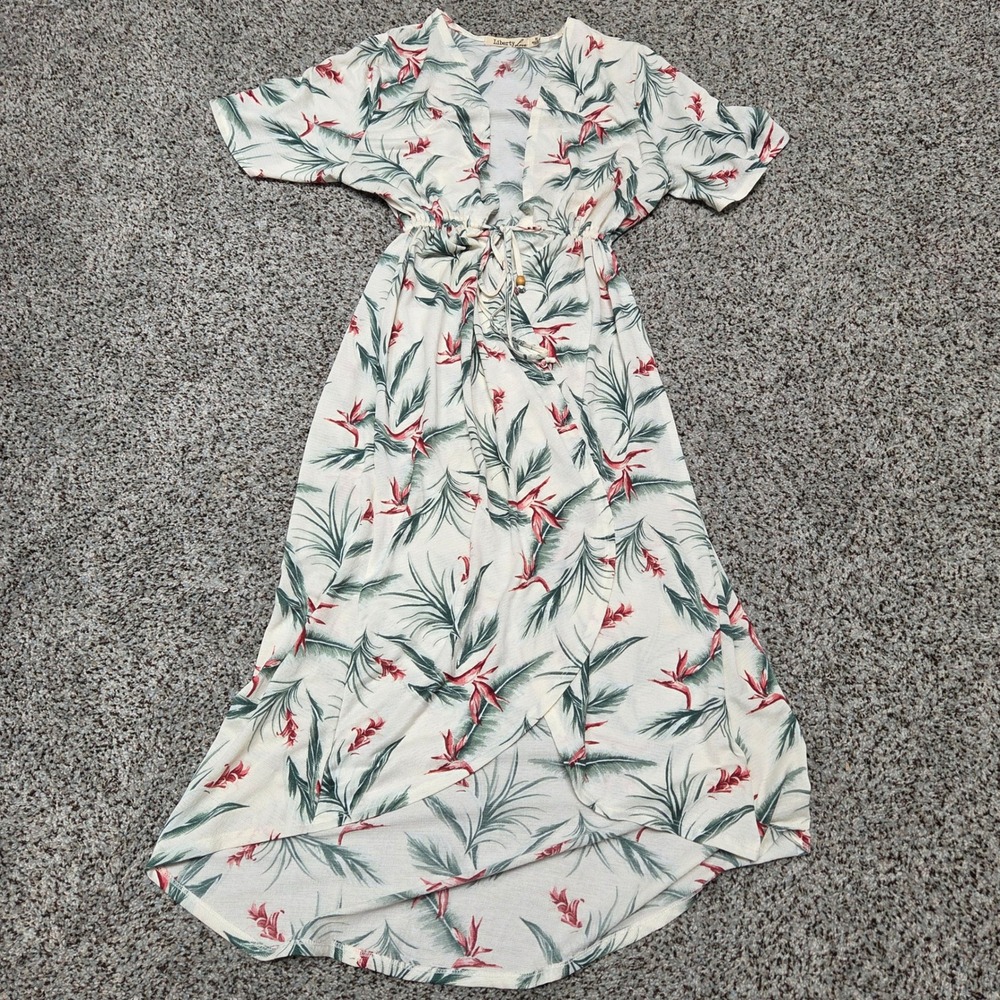 Liberty Love Floral Print Maxi beach cover up High Low Hem Short Sleeve‎ White M